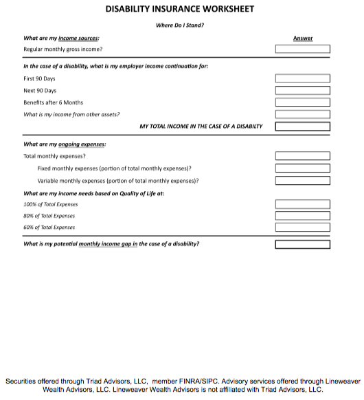 Disability Insurance Worksheet | Lineweaver Financial Group