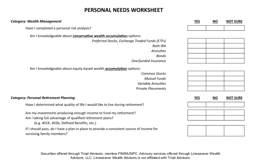Personal Needs Worksheet Example
